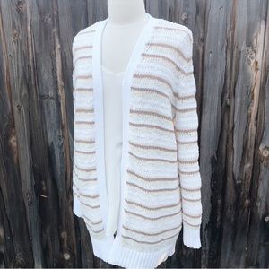 LOFT Size M Long White Cream and Gold Striped Cardigan Sweater NWOT